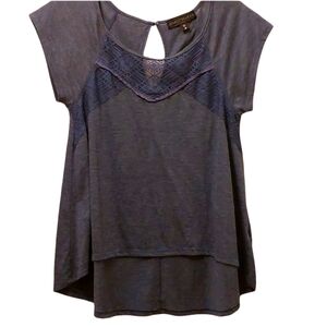 Almost Famous Blouse M High Low Cotton Lace Inset Heather Steel Blue EUC